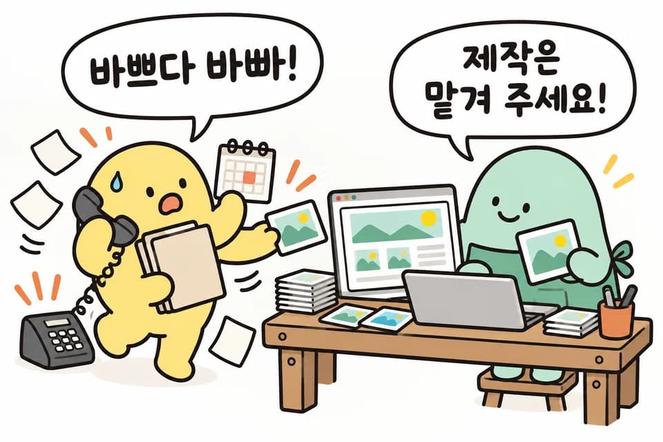 제작 대행: 바쁜 고객 대신 제공 자료를 정리하는 제작자. 대사: 바쁘다 바빠! 제작은 맡겨 주세요!