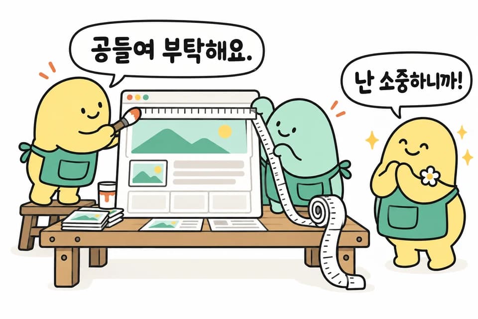 맞춤 제작: 디자인과 개발 역할이 공들여 작업하는 장면. 대사: 공들여 부탁해요. 난 소중하니까!
