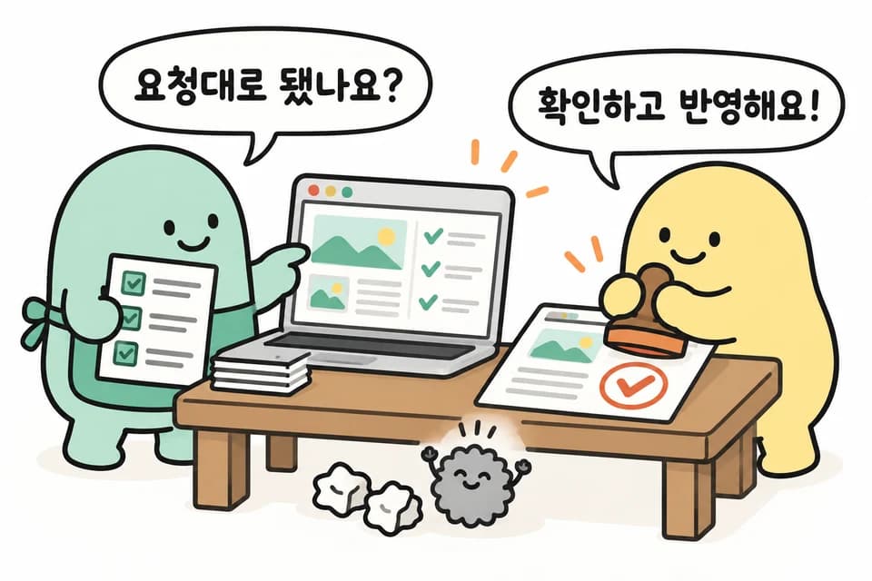 요청과 결과를 비교하고 반영하는 장면. 대사: 요청대로 됐나요? 확인하고 반영해요!