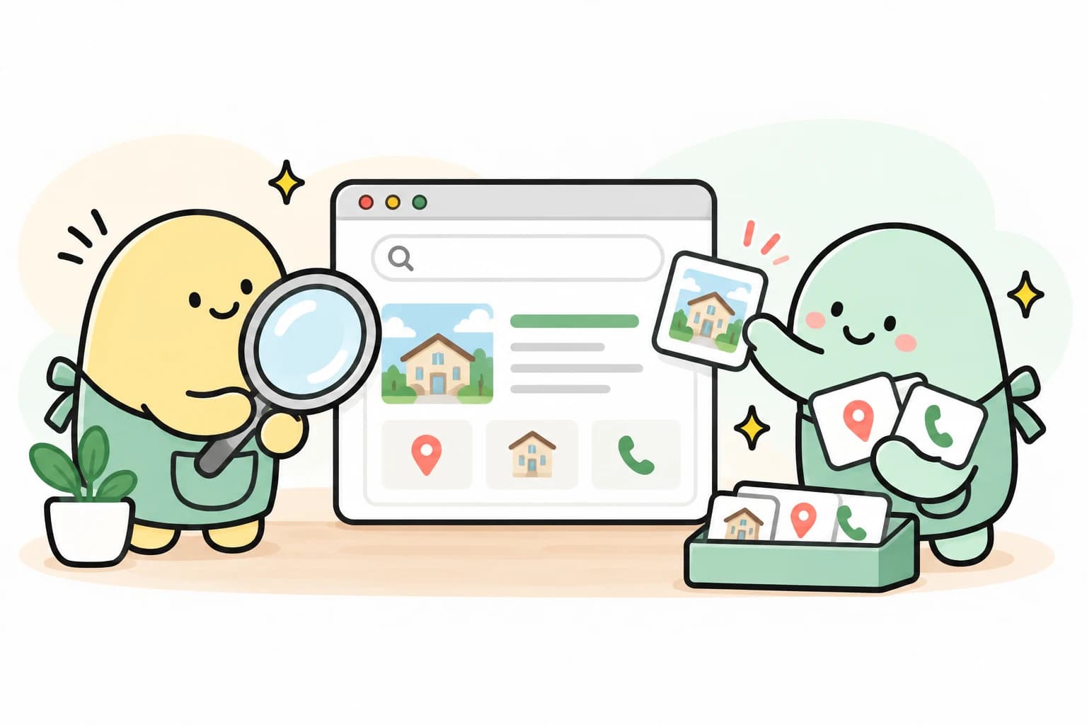 노랑·민트 캐릭터가 시설·위치·연락처 카드를 검색 결과로 정리하는 컨셉트 이미지